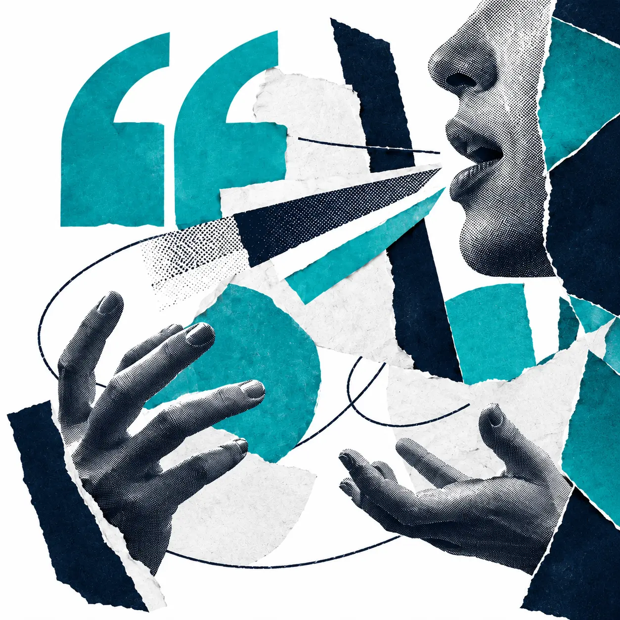Collage editorial de voces, ideas y manos que convierten experiencia en comunicación